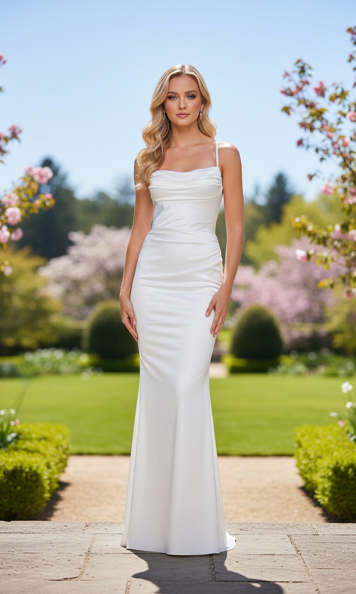A woman wearing the Strappy-Back Long Satin Prom Dress La Femme 33604 in white stands outdoors in a landscaped garden with blooming trees and greenery in the background.